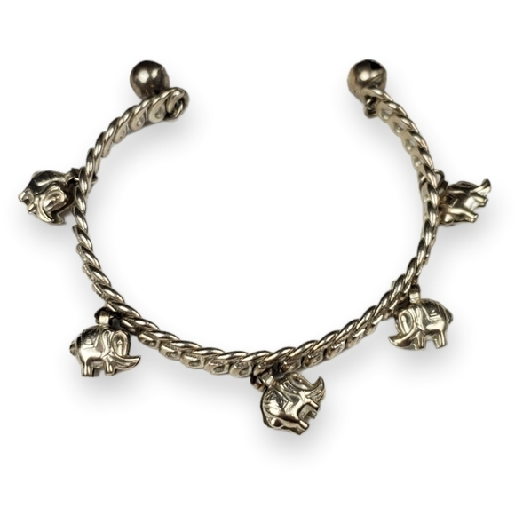 Elephant Charm Cuff Bracelet Jingle Bell Silver Tone Hammered India Bollywood 7" - Picture 2 of 6
